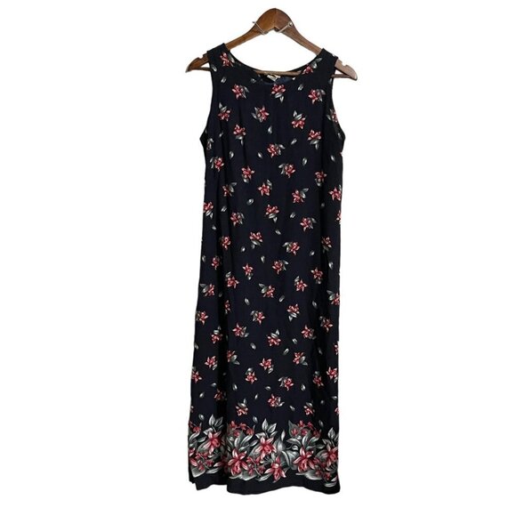 Vintage Teddi Womens Black Floral Sleeveless Tie Back 90s Midi Dress Medium P - Picture 1 of 7